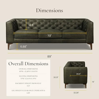 Poly & BARK Essex 89” Full-Grain Italian Leather Sofa – Tufted Back, Feather-Down Comfort, Solid Wood Frame, Olivine Green