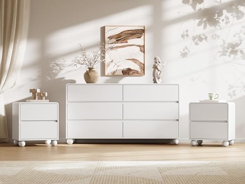 Mid-Century 3-Piece Dresser Bedroom Set, 6 Drawer Dresser & 2 Drawer Nightstands with Curved Profile Design & Handle Free, Wood Chest of Drawers for Bedroom, Living Room, Hallway, White