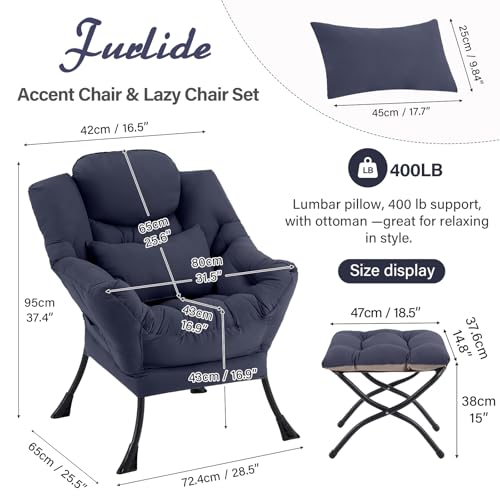 Lazy Chair with Ottoman, Modern Lounge Chair with Lumbar Pillow, Accent Cozy Reading Armchair and Folding Footstool for Bedroom, Dorm, Living Room,Navy