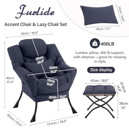 Lazy Chair with Ottoman, Modern Lounge Chair with Lumbar Pillow, Accent Cozy Reading Armchair and Folding Footstool for Bedroom, Dorm, Living Room,Navy