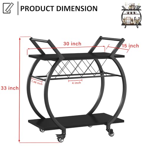 Black Wine Cart with Wheels, Modern Bar Cart with Wine Rack, Industrial Beverage Rolling Kitchen Serving Cart with Storage, Metal Wooden Microwave Drink Liquor Cart for Home Dining Room, Black Oak