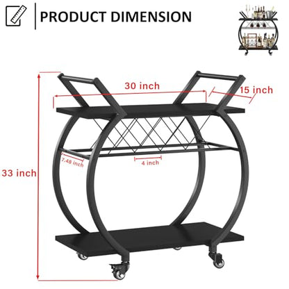 Black Wine Cart with Wheels, Modern Bar Cart with Wine Rack, Industrial Beverage Rolling Kitchen Serving Cart with Storage, Metal Wooden Microwave Drink Liquor Cart for Home Dining Room, Black Oak