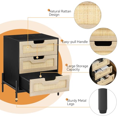 Rattan Nightstand,Boho Bedside Table,End Table with 3 Natural Rattan Drawer,Rattan Furniture,Boho Mid Century Modern Bedside Table,Rattan Bedside Table with Metal Handle for Bedroom,Living Room