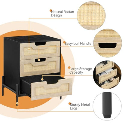 Rattan Nightstand,Boho Bedside Table,End Table with 3 Natural Rattan Drawer,Rattan Furniture,Boho Mid Century Modern Bedside Table,Rattan Bedside Table with Metal Handle for Bedroom,Living Room