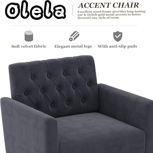 Accent Chair with Arm for Living Room, Velvet Modern Armchair Single Sofa Cozy Tufted Upholstered Reading Side Chairs with Gold Metal Leg for Bedroom Decorate