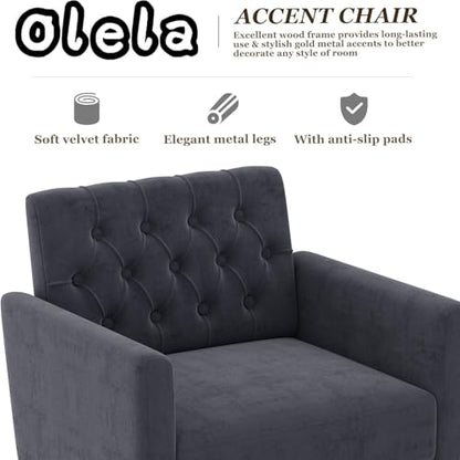 Accent Chair with Arm for Living Room, Velvet Modern Armchair Single Sofa Cozy Tufted Upholstered Reading Side Chairs with Gold Metal Leg for Bedroom Decorate