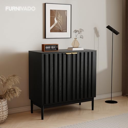 Fluted Buffet Cabinet with Storage, Small Accent Cabinet, Black, view 7
