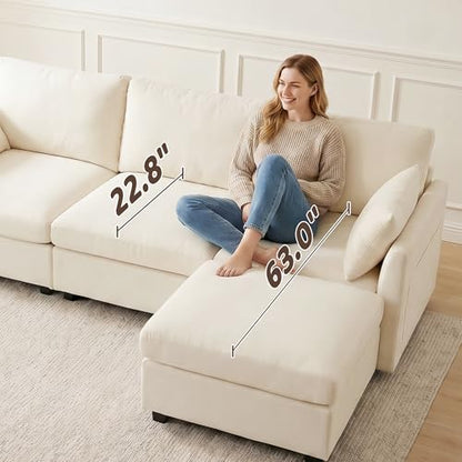 Sectional Cloud Couch for Living Room, Spring Cushion Seating, L Shaped Convertible Modular Sofa with Ottoman, Beige