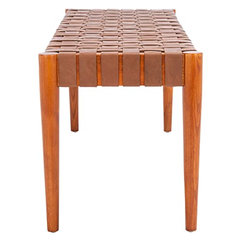 SAFAVIEH Furniture - Amalia Bench - Cognac & Dark Brown - Solid Wood - Modern Leather Design - Ideal for Entryway, Bedroom, Living Room, 18" Seat Height (BCH1001A)