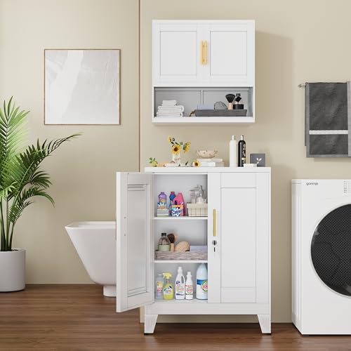 36" White Floor Storage Cabinet, Locked Metal Storage Cabinets with 2 Doors and 2 Adjustable Shelves, Sideboard Buffet Cabient, Freestanding Cabinet for Home/Office/Garage/Tool Room/Bathroom