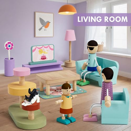 Wooden Dollhouse Furniture Set 39 Pcs with 5 Rooms, Family Dolls & Pets, All-Wooden Doll House Accessories and Furniture, Pretend Play Dollhouse Accessories Toy Gift for Kids 3+