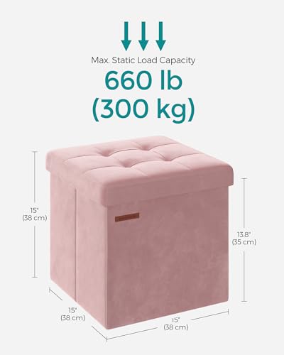 SONGMICS Small Storage Ottoman, Folding Ottoman Cube, 15 x 15 x 15 Inches, Footstool, Footrest, 11 Gal. (43 L), Velvet Surface, for Bedroom, Living Room, Dorm, Jelly Pink ULSF227R01