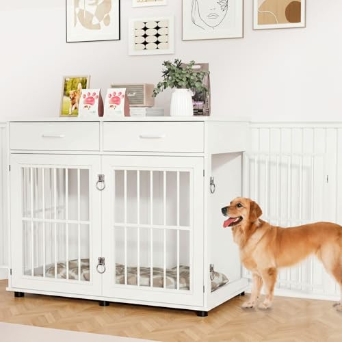 43.3" Large Dog Crate Furniture with 2 Drawers, White, view 5