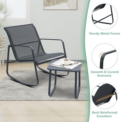 3 Piece Patio Outdoor Furniture Set, Textilene Fabric Patio Conversation Bistro Set with Rocking Bistro Chairs and Table, Small Patio Furniture Set for Backyard, Lawn, Garden, Poolside