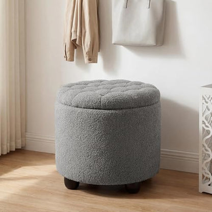 Modern Round Storage Ottoman, Upholstered Button Tufted Ottoman Footstool Ottomans with Removable Lid Storage Footstool for Living Room, Bedroom, Makeup Room, Teddy, Grey