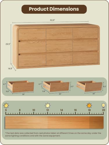 Modern 63" Wide 9 Drawers Dresser with Curved Profile Design, Oak, view 3