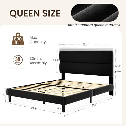 Queen Size Platform Bed Frame with Velvet Headboard, view 3
