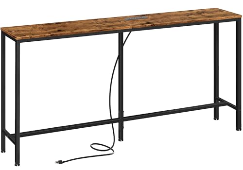 Console Table with Outlet, 63 Inch Sofa Table with Charging Station, Narrow Entryway Table, Behind Couch Table, for Living Room, Plants - Rustic Brown
