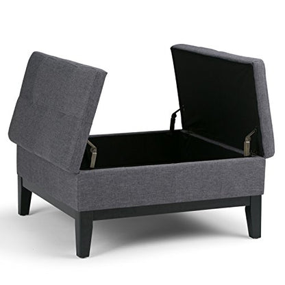 Dover 36 inch Wide Contemporary Square Coffee Table Storage Ottoman in Slate Grey Linen Look Fabric, Assembled, For the Living Room and Bedroom