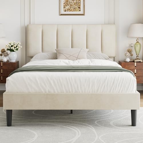 Full Size Bed Frame with Upholstered Headboard, Pale Beige, view 2