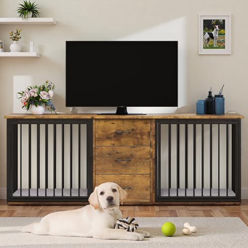 74 Inch Double Dog Crate Furniture for 2 Dogs & 2 Feeder Bowls, view 3