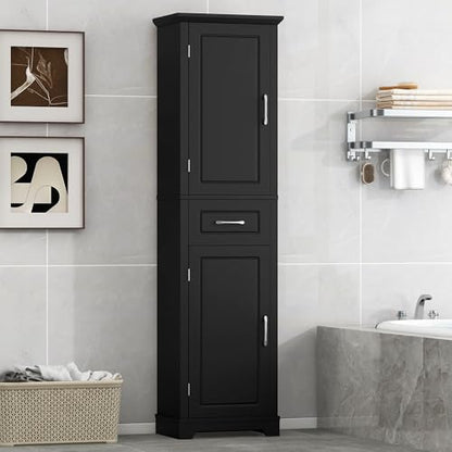 73 Inch Bathroom Storage Cabinet with Adjustable Shelves, Black | Black MDF, bathroom or office, painted finish, door shelves, enclosed cabinets, lower compartment, anti-tip kit, 72.5 in H