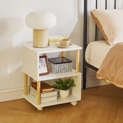 Wooden Night Stand with Open Shelf, Nightstand with Wheels, S-Shaped Bed Side Table 3 Tier, 20 inch High End Table White YD-TM155W