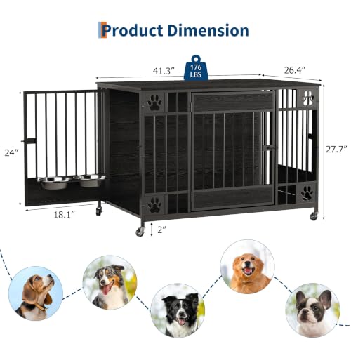 Dog Crate Furniture, 41" Large Dog Kennel with Triple Doors, Black, view 3