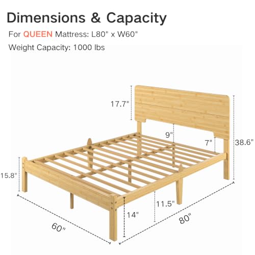 14" Solid Bamboo Wood Queen Bed Frame with Headboard, Natural, view 3