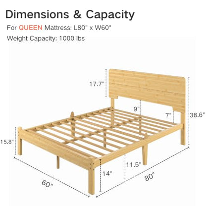 14" Solid Bamboo Wood Queen Bed Frame with Headboard, Natural, view 3