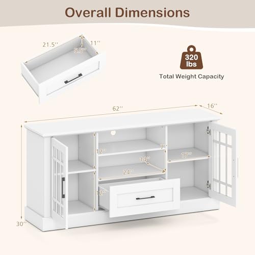 Farmhouse TV Stand for TV up to 65 70 Inches, Tall Media Console Table with 2 Glass Storage Cabinets, 1 Drawer & 2 Open Shelves, Wooden Entertainment Center for Living Room (White)