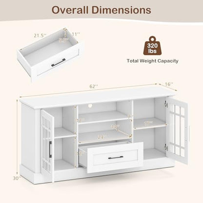 Farmhouse TV Stand for TV up to 65 70 Inches, Tall Media Console Table with 2 Glass Storage Cabinets, 1 Drawer & 2 Open Shelves, Wooden Entertainment Center for Living Room (White)