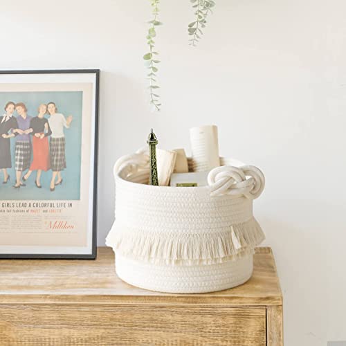 Small Woven Storage Baskets, 9.5'' x 7'' inches Cotton Rope Decorative Hamper for Diaper, Blankets, Magazine and Keys, Cute Tassel Nursery Decor - Home Storage Container, Off-white