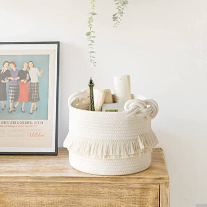 Small Woven Storage Baskets, 9.5'' x 7'' inches Cotton Rope Decorative Hamper for Diaper, Blankets, Magazine and Keys, Cute Tassel Nursery Decor - Home Storage Container, Off-white