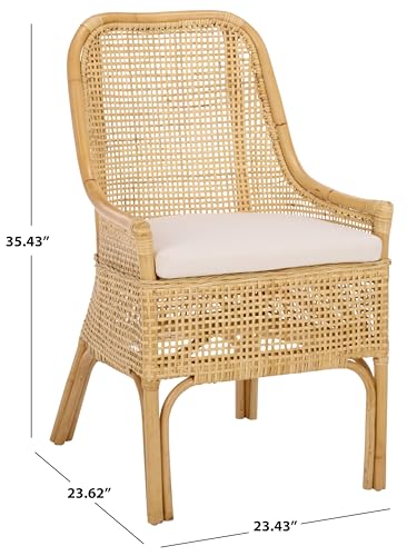 SAFAVIEH Furniture - Alina Dining Chair - Light Natural Rattan & White Cushion - Woven Armchair Design - Ideal for Dining Room, Kitchen, 18.3" Seat Height (DCH6511A)