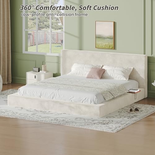 Upholstered King Bed Frame with Cloud Pad, King (U.S. Standard) | Sliding Wood Side Table, Low-Profile Platform, Easy Assembly, Off-White Sherpa