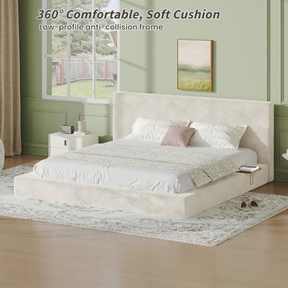 Upholstered King Bed Frame with Cloud Pad, King (U.S. Standard) | Sliding Wood Side Table, Low-Profile Platform, Easy Assembly, Off-White Sherpa
