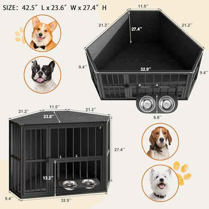 42.5" Corner Dog Crate Furniture with Feeding Bowl, Black, view 3
