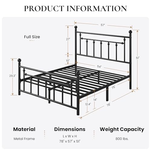 14" Full Size Metal Platform Bed Frame/Victorian Headboard and Footboard/Steel, view 3