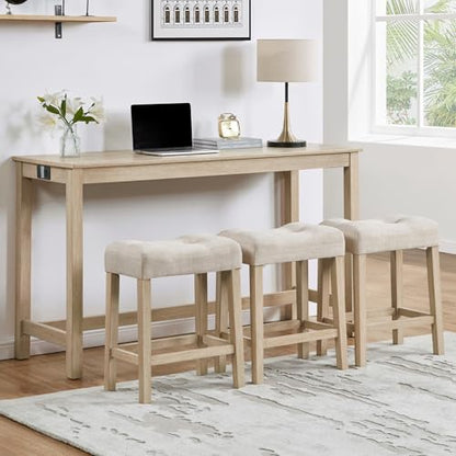 4 Piece Dining Table and Chairs Set with Charging Station, Farmhouse Wooden Kitchen Island-Table w/USB&Typc C&Power Outlet, 59" Behind Sofa-Table w/3pcs Upholstered Stools,Light Oak