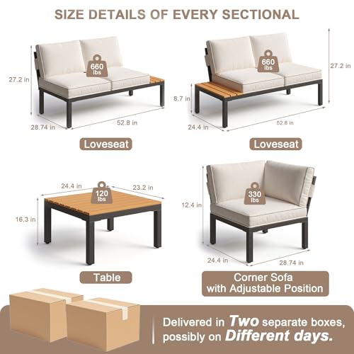 5-Person Outdoor Patio Furniture Set, Durable Metal Frame Outdoor Sectional with Wood-Look Table & Waterproof Cushions, All-Weather Conversation Set for Garden, Balcony, Poolside-Beige
