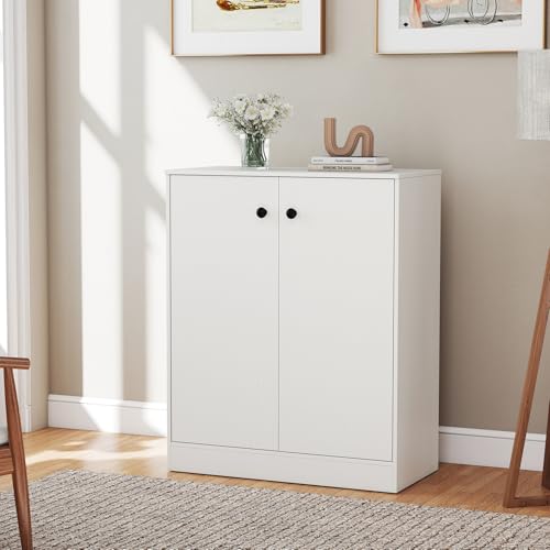 2-Door Storage Cabinet, Modern Floor Cabinet with 3-Tier Shelf, Freestanding Side Cabinet with Anti-Toppling Device, Storage Organizer for Living Room, Kitchen, Dining Room, Entryway (White)