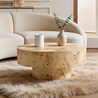 Coffee Table Round Wood 31.49" W X 13.77''h for Living Room Small Short Modern Coffee Tables Natural Burl Circle Drum Tea Center Cocktail Fluted Handcraft Home Furniture for Apartment Easy Assembly