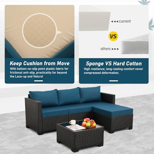 Oasishine 3 Pieces Patio Furniture Set Outdoor Sectional Wicker Patio Furniture Patio Couch with Ottoman and Outdoor Glass Table Weathering Anti-Slip Cushions Waterproof Covers, Peacock Blue