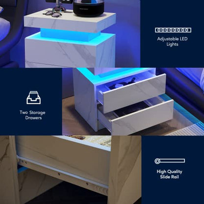 LED Nightstands, Modern End Side Table with 2 Drawers, LED Bedroom Furniture for Bedroom and Living Room, White Marble Pattern