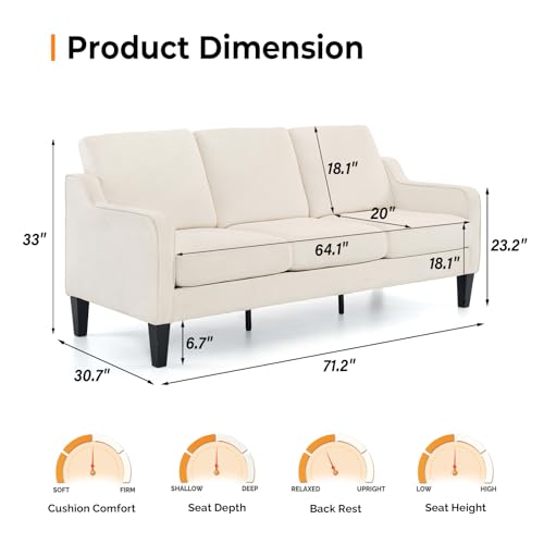 Small Couch Sofa 71" Comfy Couches for Living Room Beige 3 Seat Sofa Couch Mid Century Modern Sofa Furniture Couches with Scooped Arms for Small Spaces, Bedroom, Apartment, Studio