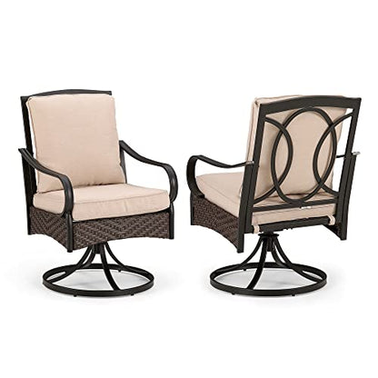 Patio Swivel Chairs Set of 2, Heavy Duty Outdoor Metal Wicker Dining Chair with Thickened Cushions, Large All Weather Wrought Iron Deck Chair Lawn Furniture Support 300lbs