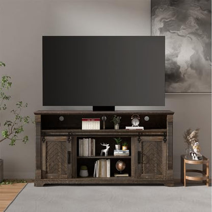 Farmhouse TV Stand for 65+ Inch TV, 31" Tall Entertainment Center with Adjustable Shelf, Rustic Media Console with Sliding Barn Door, Wood Television Stand for Living Room, Dark Rustic Oak