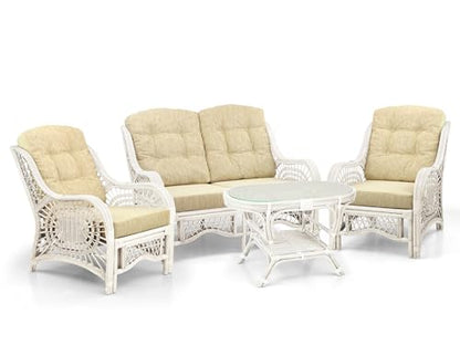 Malibu Lounge Set of 2 Natural ECO Rattan Wicker Chairs, Loveseat with Cream Cushion and Coffee Table w/Glass Handmade, White Color