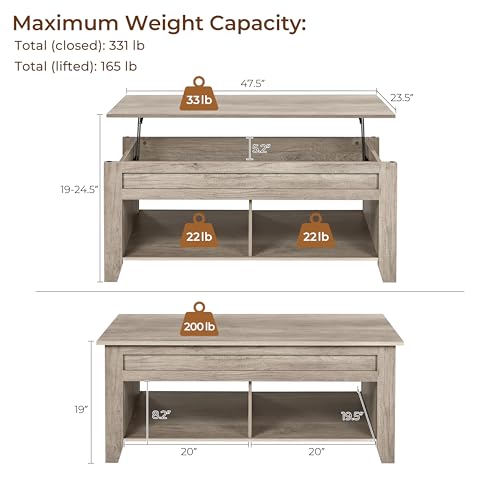 Yaheetech Lift Top Coffee Table with Hidden Storage Compartment & Lower Shelf, Lift Tabletop Farmhouse Table for Living Room Office Reception, 47.5in L, Gray